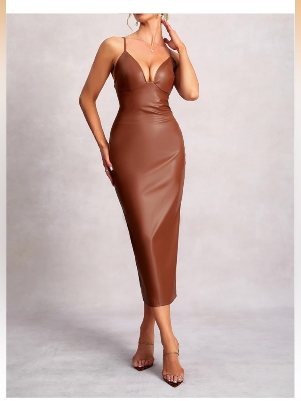 Winkbay Women's Deep V Neck Leather Dress Sleeveless Tie Backless
